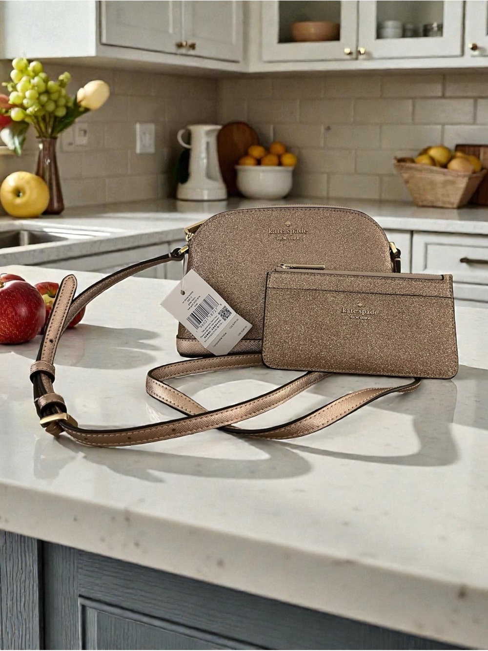 Kate Spade Rose Gold Glitter Tinsel Dome Crossbody with Matching Cardholder